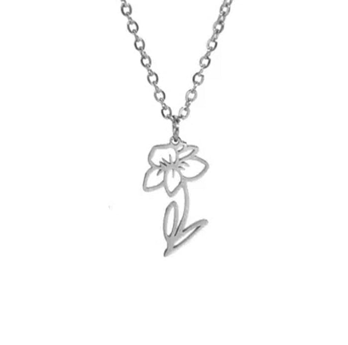 Collier en acier inoxydable argenté alliant simplicité et élégance. Un cadeau attentionné et apprécié !  Le collier est livré dans un petit pochon en velours.  Dans le langage des fleurs : La jonquille symbolise le renouveau et l'espoir. Elle est idéale à offrir à des amis proches ou des membres de sa famille pour leur partager douceur et chaleur. Elle est également un symbole d’espoir fort pour les patients atteint d'un cancer.